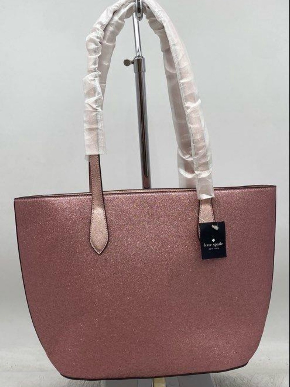 Kate Spade Mitten Rose Pink Glitter Crossgrain Leather Tote - Picture 2 of 6